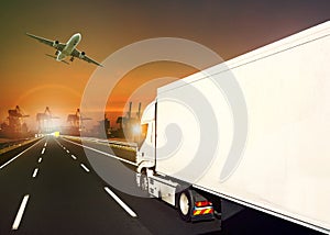 Container truck and cargo plane and logistic industry background