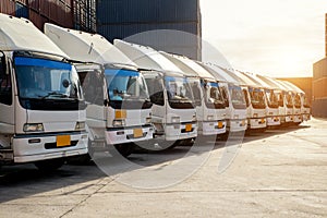 Container truck in depot at port. Logistics import export backg