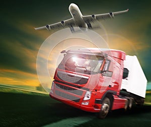 Container truck and freight cargo plane flying above in land and