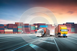 Container Truck on highway at ship port sunset sky background with copy space, global business logistics import export goods