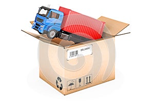 Container truck inside parcel. Freight transportation, delivery concept. 3D rendering