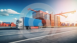 container truck, ship in port and cargo in transport and import-export commercial logistic, shipping business industry. Freight