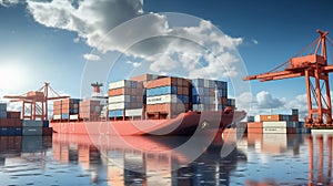 container truck, ship in port and cargo in transport and import-export commercial logistic, shipping business industry. Freight