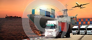 Container truck, ship in port and freight cargo plane