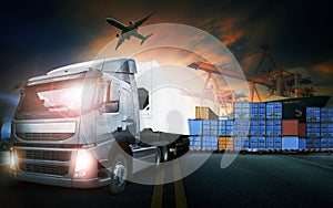 container truck ,ship in port and freight cargo plane in transpo