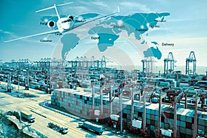 Container truck , ship in port and freight cargo plane in transpo
