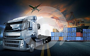 container truck ,ship in port and freight cargo plane in transport and import-export commercial logistic ,shipping business indus