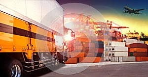 Container truck in shipping port ,container dock and freight car