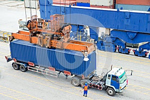 Container truck waiting for loading container box to Cargo ship