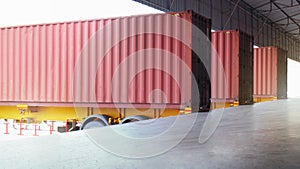 Container Trucks Parked Loading at Dock Warehouse. Cargo Container Shipping. Freight Truck Logistics