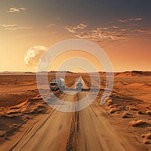 Container trucks run on barren sandy roads with planets in the sky as a backdrop