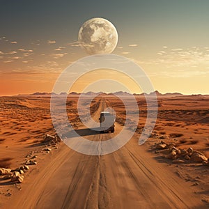 Container trucks run on barren sandy roads with planets in the sky as a backdrop