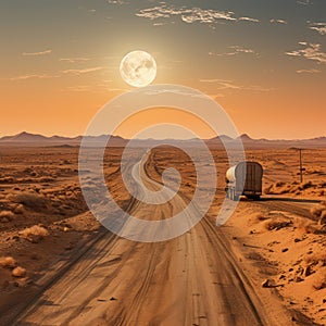 Container trucks run on barren sandy roads with planets in the sky as a backdrop