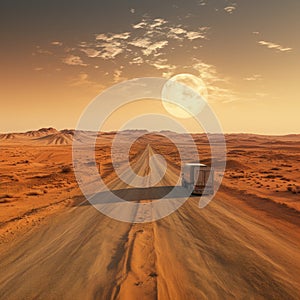 Container trucks run on barren sandy roads with planets in the sky as a backdrop