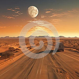 Container trucks run on barren sandy roads with planets in the sky as a backdrop