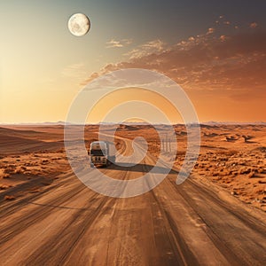 Container trucks run on barren sandy roads with planets in the sky as a backdrop