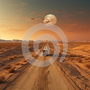 Container trucks run on barren sandy roads with planets in the sky as a backdrop