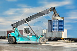 Container unloading truck in logistics yard., Business transpotation.