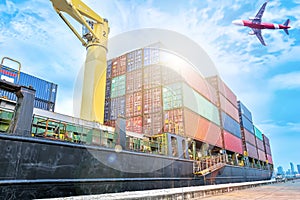 Container warehouse for delivery shipment transport, import export to global logistics concept. by boat and plane. Business