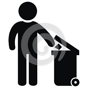 Container for waste, black figure and trash can, vector icon