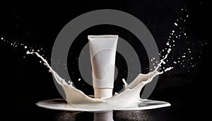 Container white cream tube and milk splashes on black background. Moisturizer lotion cosmetic product