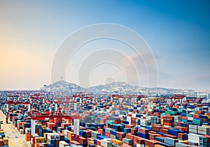 Container yard at dusk