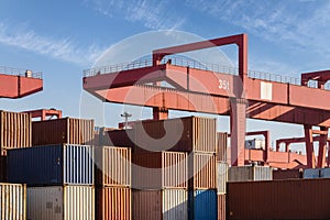 Container yard and gantry crane closeup photo