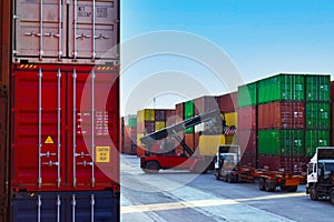 Container yard operation activity, reach stacker load container onto trailers. Container terminal, port operation.