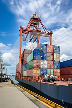 Containers being loaded and unloaded from a cargo ship AI generated photo