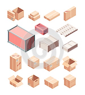 Containers and boxes isometric set. Cardboard and wooden boxes packaging transport delivery industrial large containers