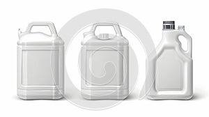 Containers, canisters and white jerrycans isolated on white background. Blank containers for motor oil, car oil and