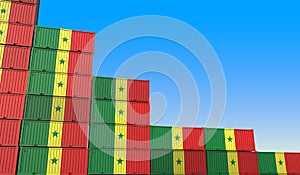 Flag of Senegal on containers forming declining trend of graph. National crisis or meltdown related conceptual 3D