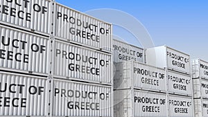 Containers with PRODUCT OF GREECE text. Greek import or export related 3D rendering