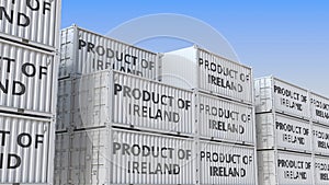 Containers with PRODUCT OF IRELAND text. Turkish import or export related loopable 3D animation