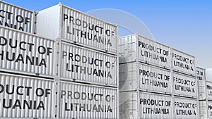 Containers with PRODUCT OF LITHUANIA text. Lithuanian import or export related 3D rendering
