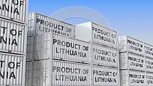 Containers with Product of Lithuania text. Lithuanian import or export related loopable 3D animation