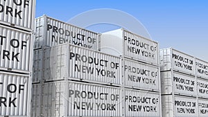 Containers with PRODUCT OF NEW YORK text. Import or export related 3D rendering