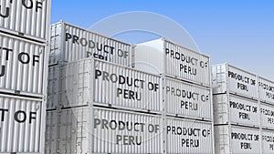 Containers with Product of Peru text. Peruvian import or export related loopable 3D animation