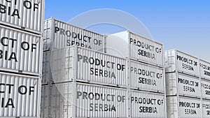 Containers with PRODUCT OF SERBIA text. Serbian import or export related 3D rendering