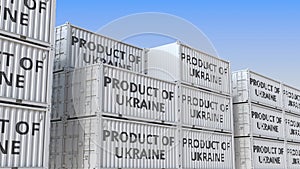 Containers with PRODUCT OF UKRAINE text. Ukrainian import or export related loopable 3D animation