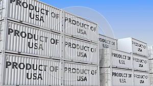 Containers with PRODUCT OF USA text. American import or export related 3D rendering