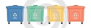 Containers or recycle bins for paper, plastic, glass and general trash. Concept of separate garbage collection