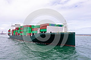 containers ship corgo logistic transportation import export international sailing in sea Photograph angle view from drone of point photo