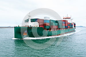 containers ship corgo logistic transportation import export international sailing in sea Photograph angle view from drone of point photo