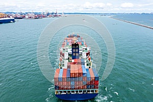 containers ship corgo logistic transportation import export international sailing in sea Photograph angle view from drone of point