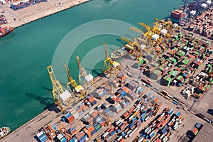 Containers ship and shipping port cargo logistic freight load unloading by crane forwarding industry import export international