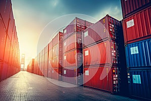 Containers shipping in a freight terminal at sunset, toned image