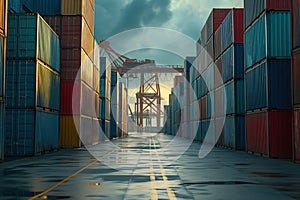 Containers stacked in rows at territory port terminal for logistical transportation of cargo