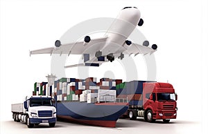 Containers on truck - cargo ship - and aeroplane against a white backdrop, symbolizing efficient logistics for global air freight photo