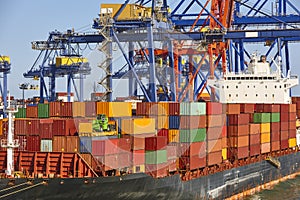 Containers on a vessel. Global market. Cargo shipping. Logistic